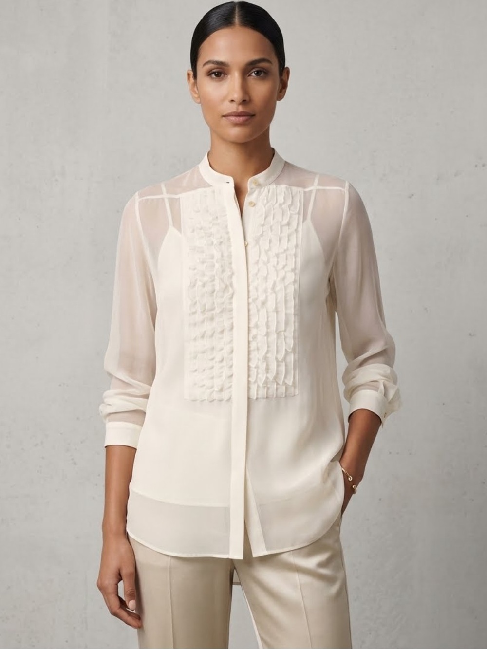 Akris Punto Sheer Ivory Ruffle button Front Blouse